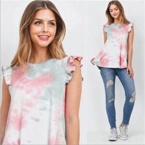 Buttery Soft Tie Dye Top | Mauve Sage Ruffle Sleeve Boho Blouse